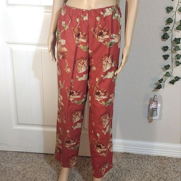 Women's Size XL 100% Cotton Long Floral Pants with Pockets and Scrunch Waist - Picture 1 of 7
